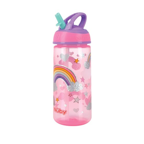 Nuby 2 Pack Iridescent PP Flip-it Kids On-The-Go Printed Water Bottle with Bite Proof Hard Straw - 18oz / 540 ml, 18+ Months, 2 pk, Mermaid & Rainbow Print