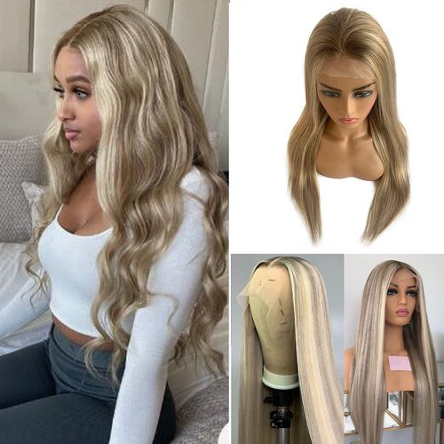 Highlights HD Ash Brown Lace Front Wig Human Hair 13x4 Transparen Straight Honey Blonde Ombre Lace Front Wig Human Hair Pre Plucked with Baby Hair 100% Brazilian Virgin Hair P8/18/60 Piano Color