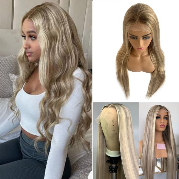 Highlights HD Ash Brown Lace Front Wig Human Hair 13x4 Transparen Straight Honey Blonde Ombre Lace Front Wig Human Hair Pre Plucked with Baby Hair 100% Brazilian Virgin Hair P8/18/60 Piano Color