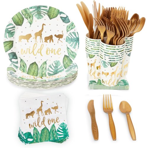 144 Piece Wild One Party Supplies for First Birthday Decorations with Safari Plates, Napkins, Cups, and Cutlery (Serves 24)