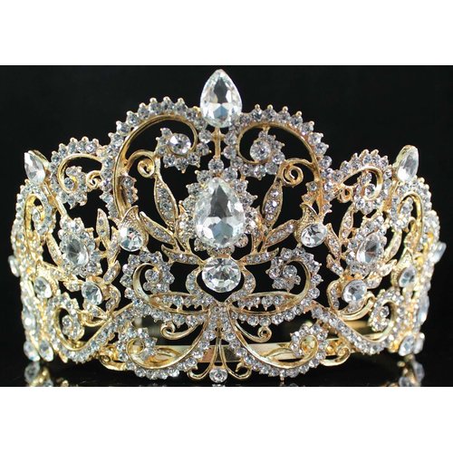 Victorian Clear White Austrian Rhinestone Crystal Tiara Crown With Hair Combs Princess Queen Headband Headpiece Jewelry Beauty Contest Birthday Bridal Prom Pageant T1505 (Yellow Gold)