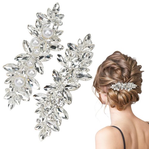 2Pcs Silver Crystal Pearl Hair Clips for Women Sparkly Rhinestone Flower Hair Barrettes French Bride Hair Clip Hair Accessories for Valentines Wedding Prom