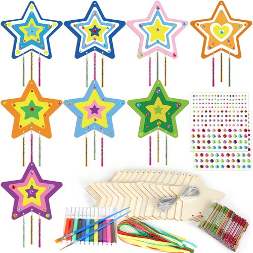 party greeting 16 Pack Star Wind Chime Kits Crafts for Kids Make Your Own Star Wind Chime Ornament Wooden DIY Coloring Arts Crafts for School Home Princess Fairy Party Decor Supplies Birthday Gifts
