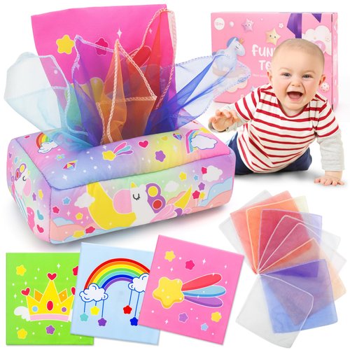 usrela Baby Toys 6 to 12 Months - Tissue Box Toy, Baby Toys for 6 12 18 Months, Unicorn Tissue Learning Toys with Alphabet Number Color Sound, Baby Sensory Toys Gifts for 6 9 12 18 Months Old