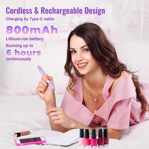 Nail Drill Cordless, Denabuty Electric Nail Files Professional for Acrylic Gel Nails, Electric Nail Drill Rechargeable with 20000 RPM, 5 Adjustable Speed, 12 in 1 Portable Pedicure Manicure Kit