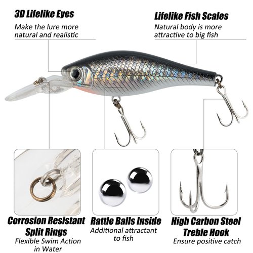 Dr.Fish 5 Pack Crankbait Lipless Minnow VIB Hardbait Sinking Bass Lure Plug Pencil Bait Chrome Laser Painting 3D Eyes Rattle Balls Treble Hook Split Ring Tackle Box Freshwater Shad Perch Walleye