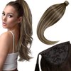 LaaVoo Hair Extensions Ponytail Real Human Hair Balayage Brown Fading to Caramel Blonde Highlights Human Hair Ponytail Extensions Ombre 18 Inch Clip in Hair Extensions Ponytail Straight 80g