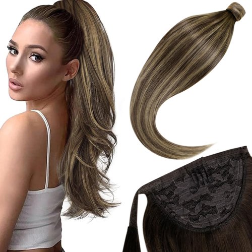 LaaVoo Hair Extensions Ponytail Real Human Hair Balayage Brown Fading to Caramel Blonde Highlights Human Hair Ponytail Extensions Ombre 18 Inch Clip in Hair Extensions Ponytail Straight 80g