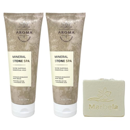 Bath & Body Works Aroma Mineral Stone Spa 2 Pack Body Cream Bundle with a Natural Oats Bar Soap - Full Size