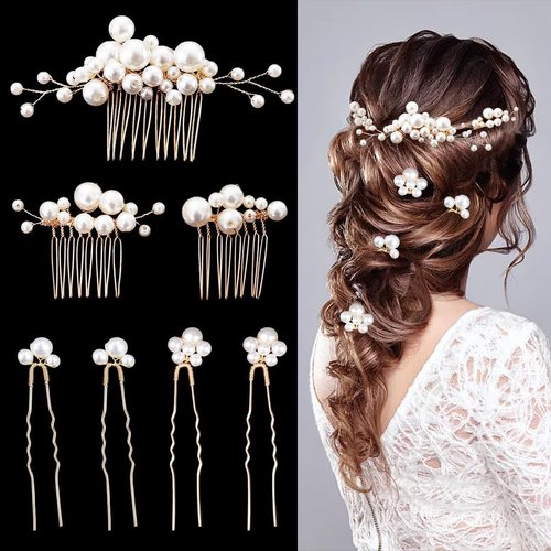 7PCS Pearl Wedding Hair Combs Bridal Headpiece Pearl Hair Pins Hair Clips Elegant Hair Accessories for Bridesmaids Brides Flower Girls