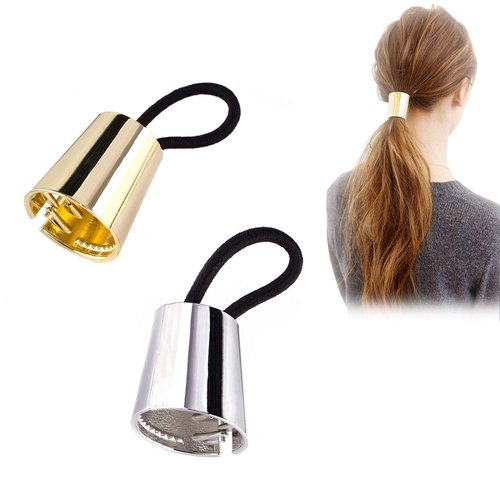 Suoirblss 2PCS Circle Cuff Metal Hair Ties Hair Band Hair Rope Accessories Metal Elastic Hair Clips Ponytail Hair Cuff Headwear Hair Holder for Lady Women (Gold + Silver)