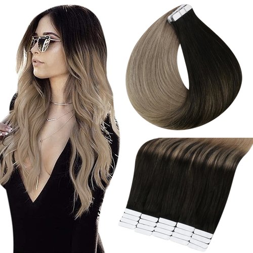 Full Shine 18 Inch Glue on Hair Extensions Off Black 1B Fading to 18 Ash Blonde Balayage Tape in Human Hair Extensions 20Pcs 50 Gram Ombre Hair Tape in Extensions Straight Hair Tape ins