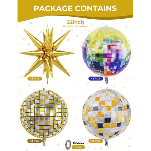 Haolongfa Disco Ball Balloons, 22 Inch Huge 4D Colorful Disco Balloons, Explosion Star Foil Balloons Set, for Bachelorette Party, 70s 80s 90s Theme Disco Party Supplies, New Year,12 PCS