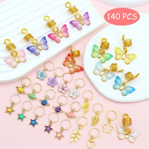 NAISKA 140Pcs Gold Butterfly Hair Jewelry for Braid Colorful Star Flowers Pendant Loc Dreadlocks Accessories Acrylic Beads Hair Coils Rings Hair Cuffs Braids Jewelry Decorations for Women