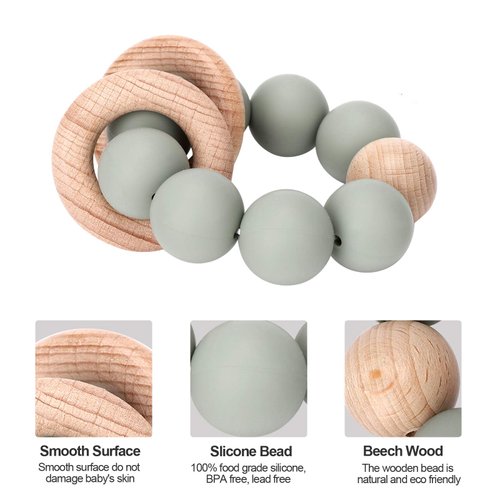 Socub Baby Teething Toy, Organic Baby Teething Ring, Silicone & Beech Baby Rattle Teether for baby 3+ Months, BPA Free, Ether