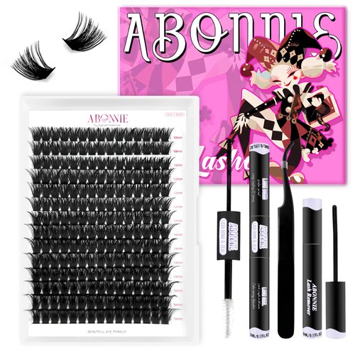 ABONNIE DIY Lash Extension Kit,Cluster lash Extensions Kit, 10-16mm Mix Wispy Lash Clusters, 100D D Curl Lash Clusters Kit with Bond and Seal and Tweezer and Remover,at Home Lash Extensions Kit