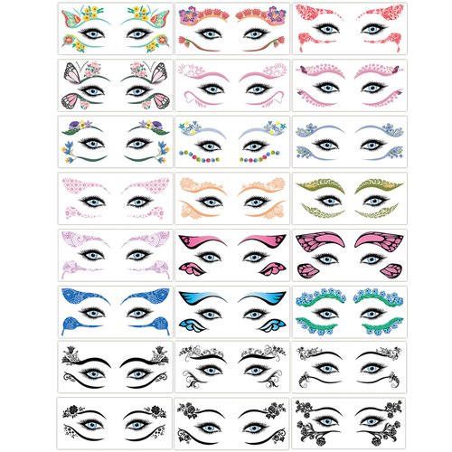 Konsait 24 Sheets Face Eye Tattoos Temporary Eyeshadow Stickers Black Lace Temporary Tattoos for Women Girls Eyeliner Stickers Tattoo Makeup for Halloween Christmas Birthday Masquerade Party