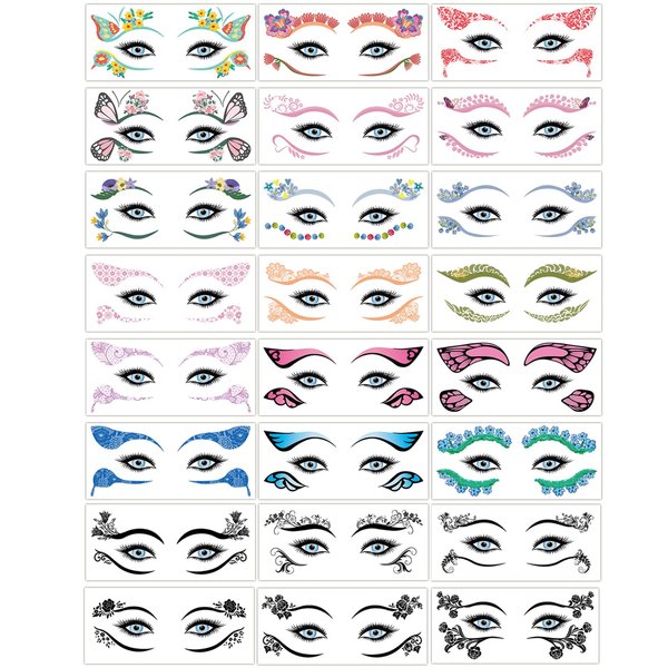 Konsait 24 Sheets Face Eye Tattoos Temporary Eyeshadow Stickers Black Lace Temporary Tattoos for Women Girls Eyeliner Stickers Tattoo Makeup for Halloween Christmas Birthday Masquerade Party
