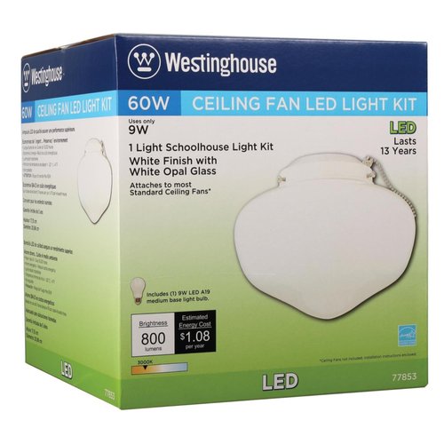 Westinghouse Lighting 7785300 LED Schoolhouse Indoor/Outdoor Ceiling Fan Light Kit, White Finish with White Opal Glass