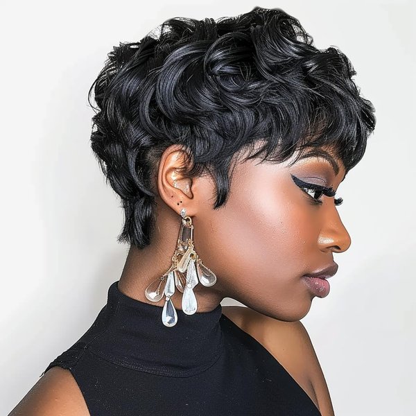 BOBCOO Short Wigs For Black Women Pixie Cut Wigs Natural Curly Black Wigs For Women Synthetic Fluffy Daily Wig Layered Heat Resistant Wigs Natural Wavy Black Short Curly Pixie Wig for Women