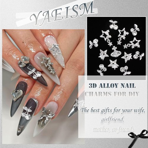 YAEISM Star Nail Charms Kit 3D Shiny Silver Nail Charms Crystal Planet Charms Luxury Cherry Nail Charms Rhinestones with Glue Gel,Tweezer for Nail Art and DIY Crafts Decoration