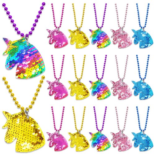 CiciBear 15 Pack Unicorn Sequin Necklace Party Favors with Mardi Gras Beads for Unicorn Themed Party Favors, Home Decorations, Festivals, Wedding, Birthday Celebrations, 5 Colors