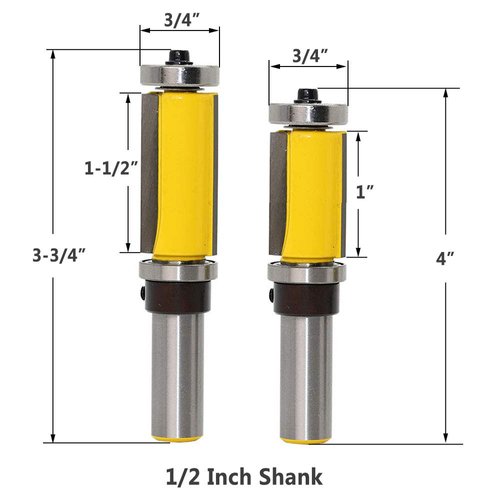 Yakamoz 2Pcs 1/2-Inch Shank Pattern Flush Trim Router Bit Top and Bottom Double Bearings Trimmer Cutter Woodworking Tool