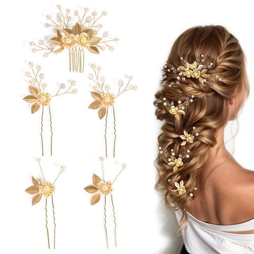 Sppry Wedding Hair Pins Set of 5 Pcs - Elegant Leaf Floral Pearl Rhinestones Hair Accessories for Bridal Women (Gold)