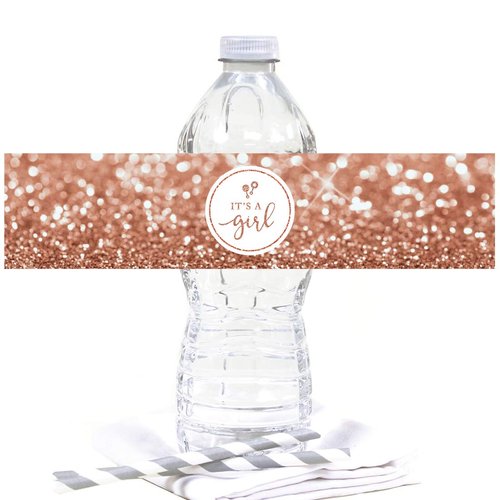 Andaz Press Glitzy Faux Rose Gold Glitter Water Bottle Baby Shower Sticker Labels, It's a Girl!, Rattle Graphic, 20-Pack