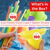Leak Proof & Drip Catching, Super Cute Reusable 4oz Flower Snow Cone Cups with Straws 100 Pk, Colorful Easy Grip Bowls Perfect for Birthday Party, Summer Cookout, Shaved Ice, Snack, Ice Cream
