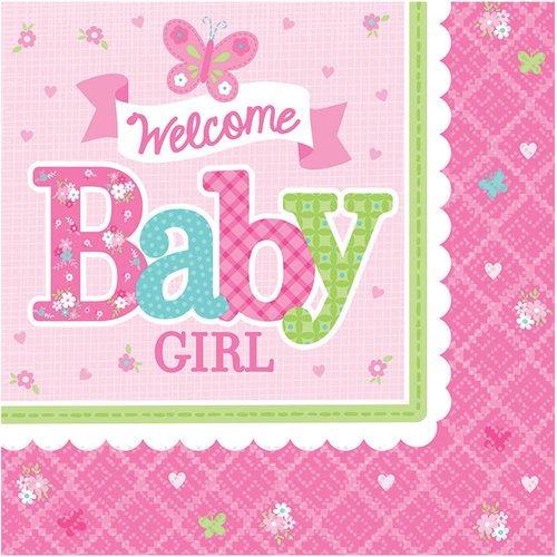 Amscan Appealing Welcome Little One Girl Luncheon Napkins Baby Shower Party Supplies, 16 2-Ply Napkins