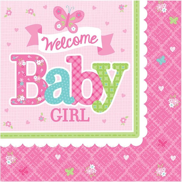 Amscan Appealing Welcome Little One Girl Luncheon Napkins Baby Shower Party Supplies, 16 2-Ply Napkins