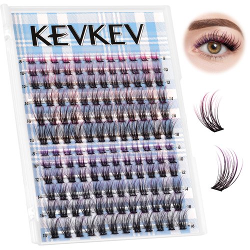 KevKev Colored Lash Clusters 144pcs Eyelash Clusters D Curl Individual Lashes Colorful Cluster Eyelash Extensions Wispy Cluster Lashes DIY at Home(Monsoon-Pink&Purple, D-8-18mix)
