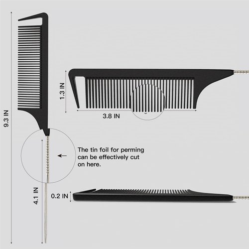 LLTGMV Rat Tail Comb for Hair Stylist, Parting Comb for Braiding Hair, Detangling Teasing Comb, Nylon Pintail Comb with Stainless Steel (Black)