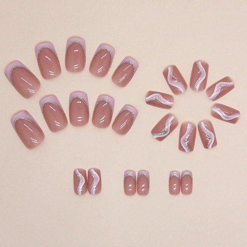 Square Press on Nails Medium Length - French Tip Press on Nails Pink and White Stripes Design, Gold Glitters Fake Nails with Adhesive Glue Stickers, Reusable Stick on Nails in 12 Sizes, 24Pcs
