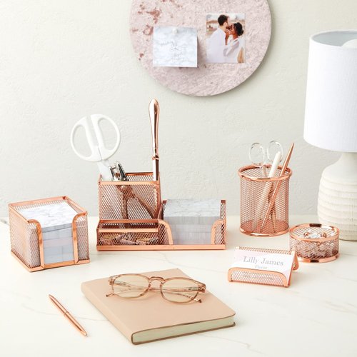 Paper Junkie Rose Gold Desk Organizer Set for Home Office Supplies and Accessories, Includes Mesh Wire Pen, Pencil, Business Card, Note, and Paper Clip Holders