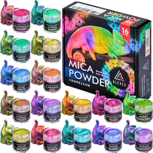 ALEXES Chameleon Mica Powder – Epoxy Resin Color Pigment Powder - Color Shift Mica Powder -16 Colors Jars Set - Holographic Mica Powder