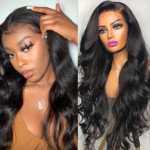 LUNROUG 13x6 Body Wavy Lace Front Wigs 25 Inch 180% Density HD Pre Plucked Middle Part Curly Wavy Wig Natural Black Heat Resistant Synthetic Fiber Wig for Women Daily Party Use (Wavy, 30 Inch)