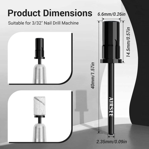 AIRSEE Nail Drill Mandrel Bit for Efile Sanding Bands, Stainless Steel Professional Electric File Head for Clean Cuticle Removing, Acrylic Tip Dead Skin Sander Remover Manicure Safety (Classic Black)