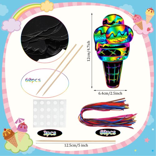 RoundFunny 60 Pieces Lovely Ice Cream Scratch Cards for Kids Rainbow Summer DIY Scratch Card Art Ice Cream Ornament Scratch Crafts Card for Kids Birthday Party Classroom DIY Activities