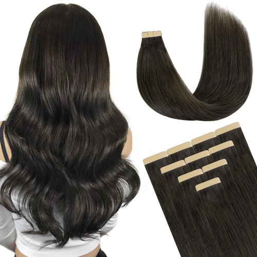 DOORES Tape in Hair Extensions Human Hair, Mocha Brown 20 Inch 10pcs 30g, Human Hair Extensions Natural Hair Extensions Seamless Straight