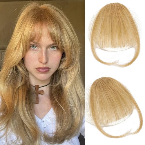 Berracy Bangs Hair Clip in Bangs 100% Real Human Hair Extensions Fake Wispy Bangs Fringe with Temples Curtain Flat Neat Front Air Hairpieces for Women Kids Daily Wear Blonde