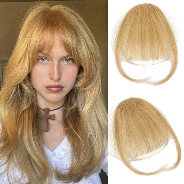Berracy Bangs Hair Clip in Bangs 100% Real Human Hair Extensions Fake Wispy Bangs Fringe with Temples Curtain Flat Neat Front Air Hairpieces for Women Kids Daily Wear Blonde