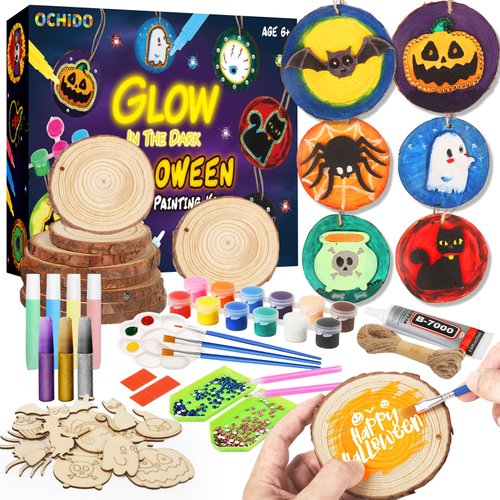 OCHIDO Halloween Wooden Painting Craft Kits for Kids,Halloween Crafts for Kids Party Favors,Glow in The Dark Painting Kit for Kids Ages 6-12,Halloween Decorations