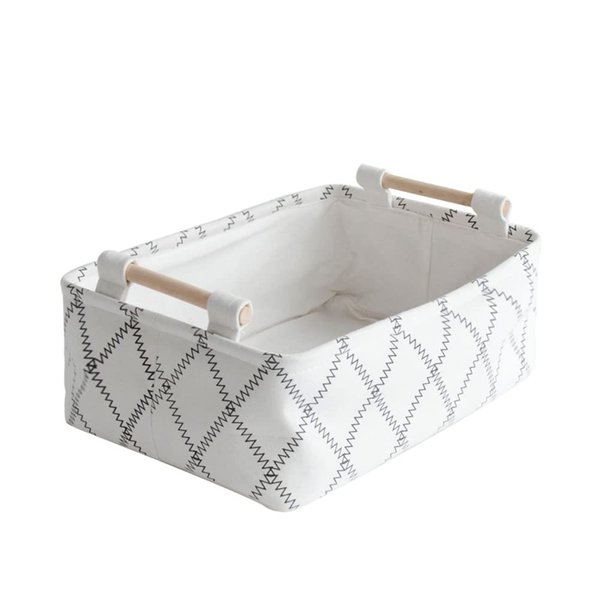 LUFOFOX Decorative Collapsible Rectangular Fabric Storage Bin Organizer Basket with Wooden Handles for Clothes Storage,12.6x8.7x4.7 inch,White