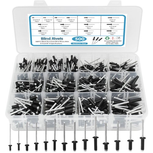 SATANTECH 500pcs Black Rivets Pop Rivets Assortment Kit, 14 SAE Sizes Aluminum Rivets (3/32" 1/8" 5/32" 3/16"), Assorted Blind Rivets with Reinfored Divider & Labeled Case for Storage