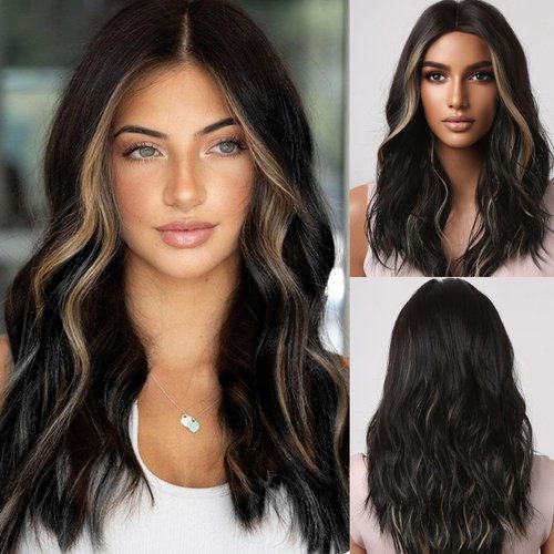 Allbell Black Wigs for Women Curly Wig with Highlights Middle Part Synthetic Wig Medium Length for Daily Use Cosplay