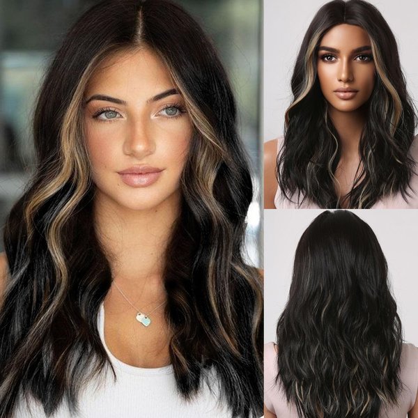 Allbell Black Wigs for Women Curly Wig with Highlights Middle Part Synthetic Wig Medium Length for Daily Use Cosplay