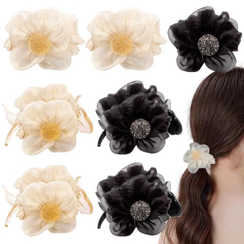 4 PCS Flower Hair Ties Scrunchies and 4 PCS Flower Hair Claw Clip Hair Elastics Bands Ponytail Holder Pack of Neutral Scrubchy Hair Accessories Women Girls No Hurt Your Hair