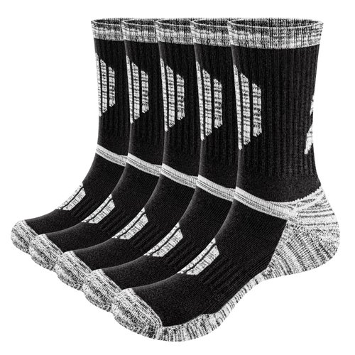 YUEDGE Men's Hiking Socks Moisture Wicking Casual Black Men Socks Cotton Cushioned Mid Calf Work Athletic Socks for Men Plus Size 10-13, 5 Pairs
